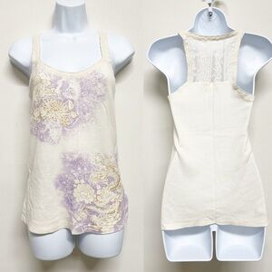 Lucky Tees Womens Cream Purple Lace Accent Dragon Lotus Flower Print Tank Size M